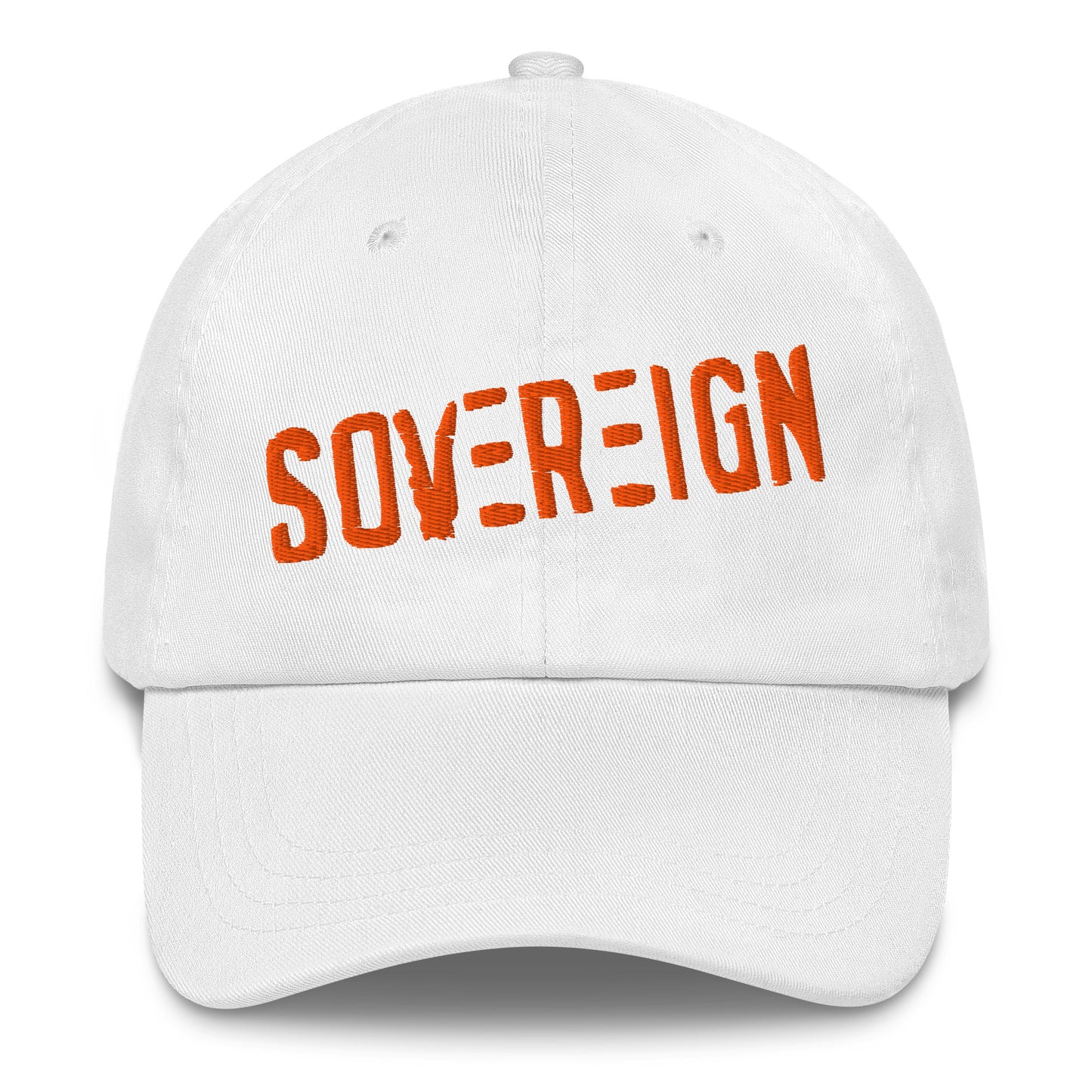 White cap with 'SOVEREIGN' in orange on a white background