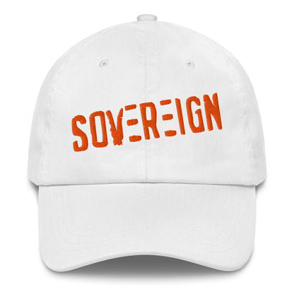 White cap with 'SOVEREIGN' in orange on a white background