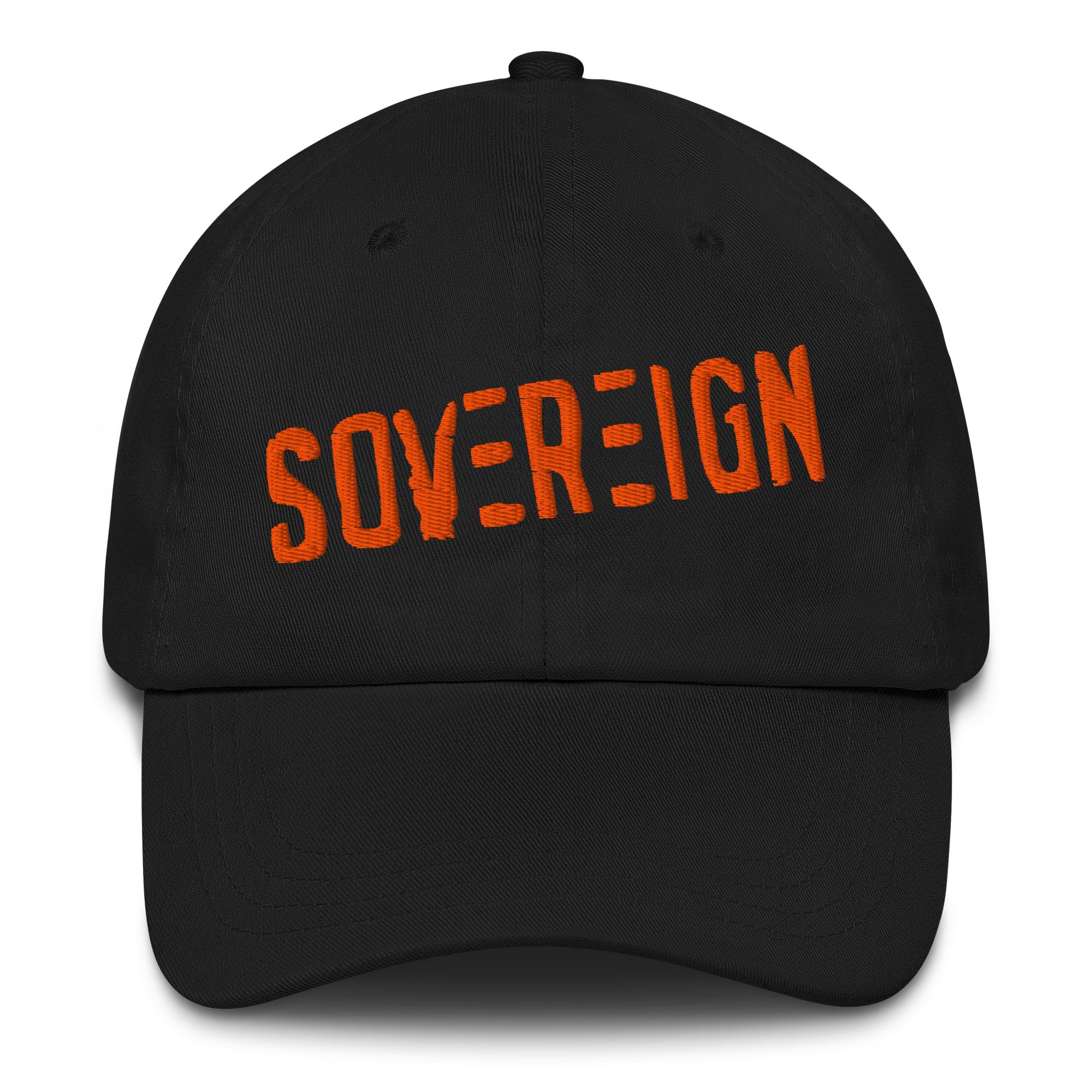 Black cap with 'SOVEREIGN' in orange on a white background