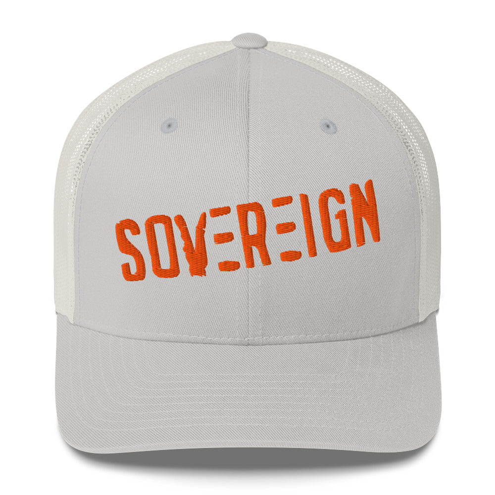 Gray cap with 'SOVEREIGN' in orange on a white background