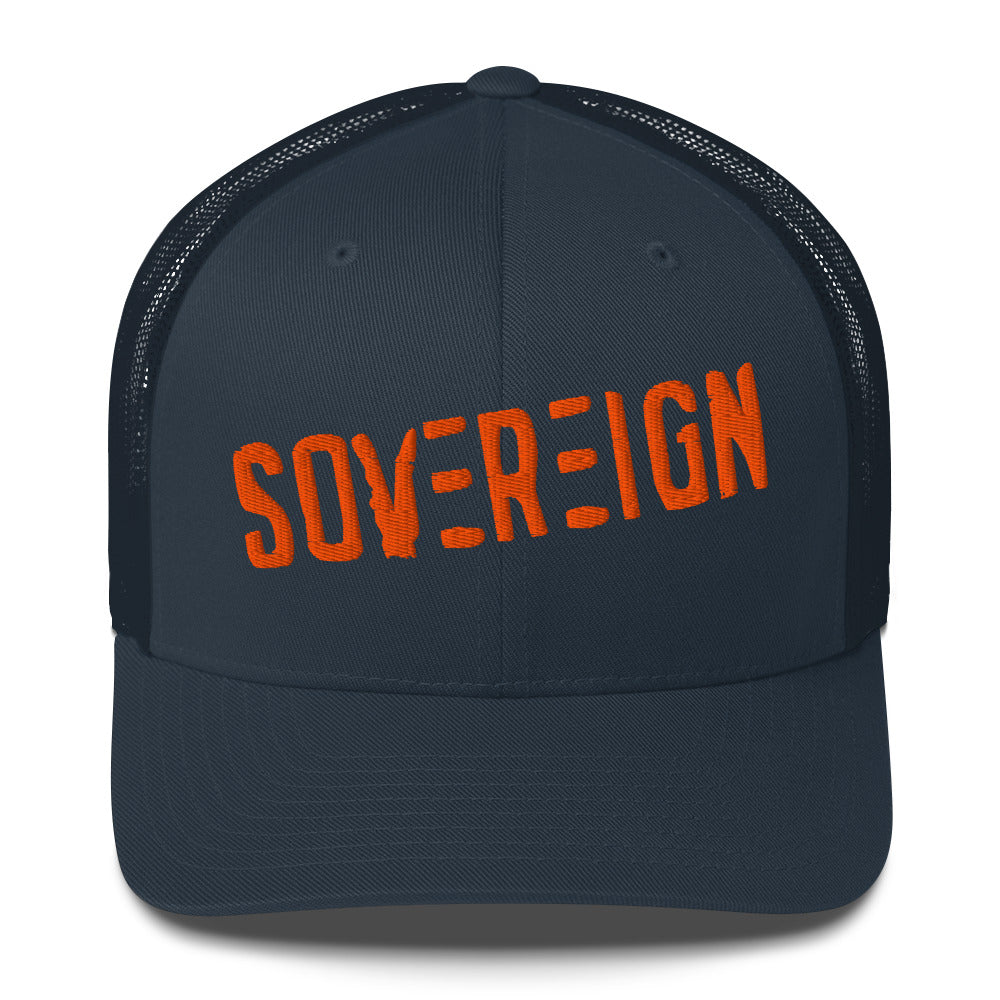 Navy blue cap with 'SOVEREIGN' in orange on a white background