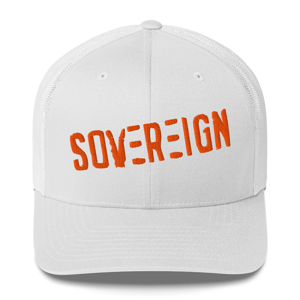 White cap with 'SOVEREIGN' in orange on a white background