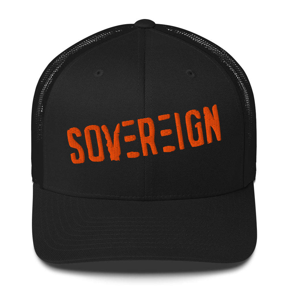 Black cap with 'SOVEREIGN' in orange on a white background