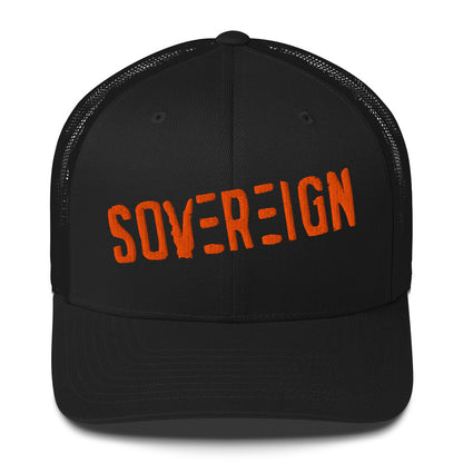 Black cap with 'SOVEREIGN' in orange on a white background