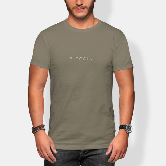 Person wearing a green t-shirt with 'BITCOIN' text on a white background