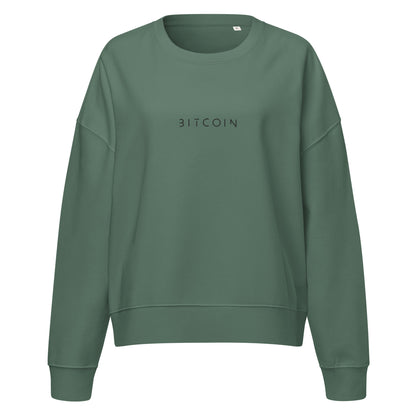 Green sweatshirt with 'BITCOIN' text on a white background