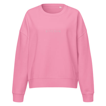 Pink sweatshirt with 'bitcoin' branding on a white background