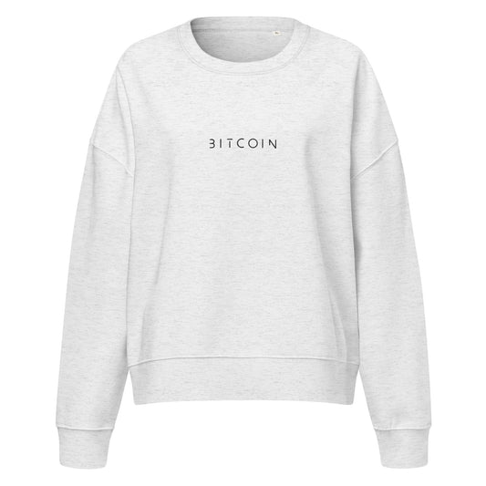 Gray sweatshirt with 'BITCOIN' text on a white background