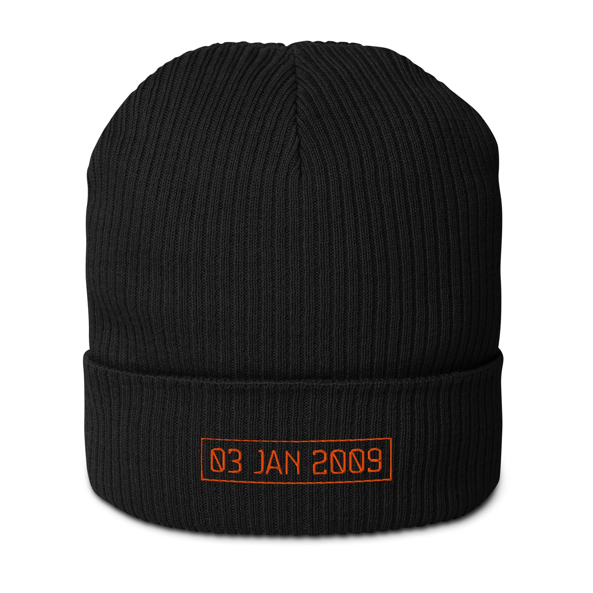 Black beanie with orange genesis block date text on a white background