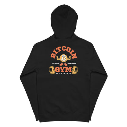 Black hoodie with Bitcoin Gym graphic on a white background