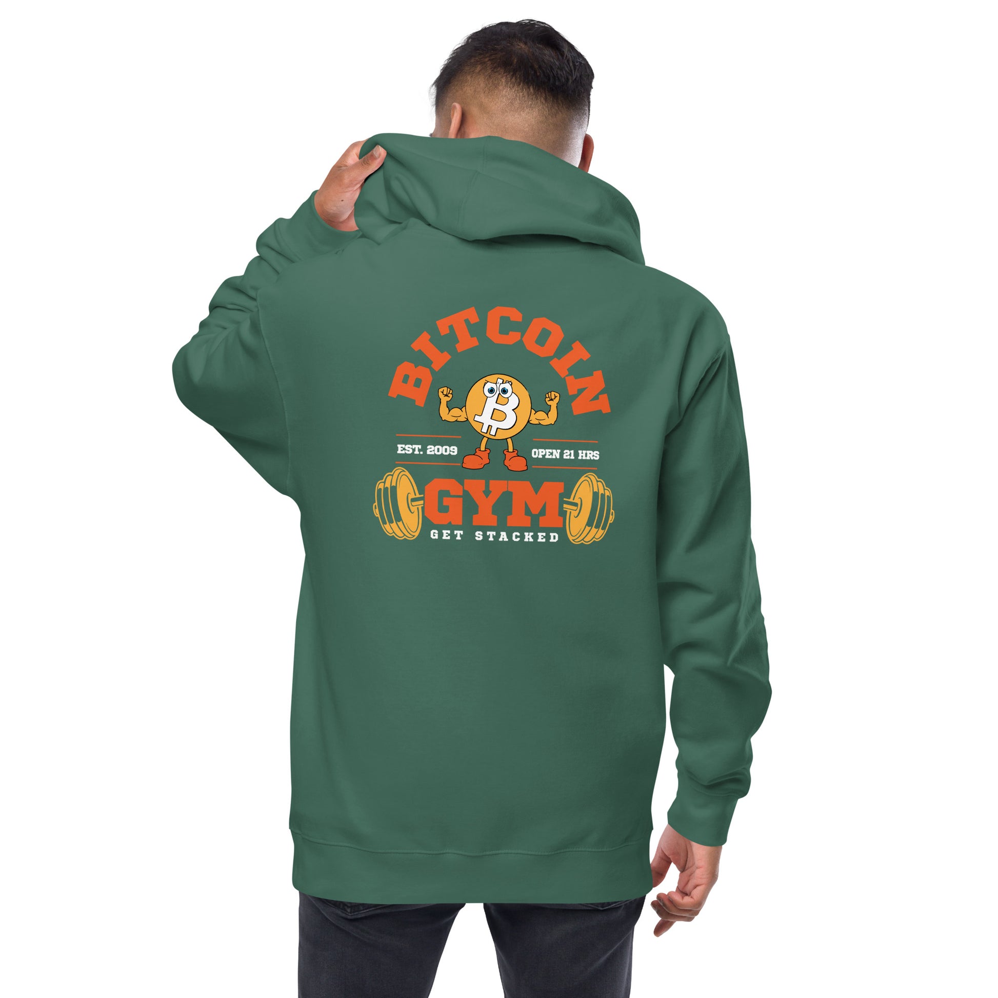Green hoodie with 'Bitcoin Gym' graphic on the back, worn by a person.