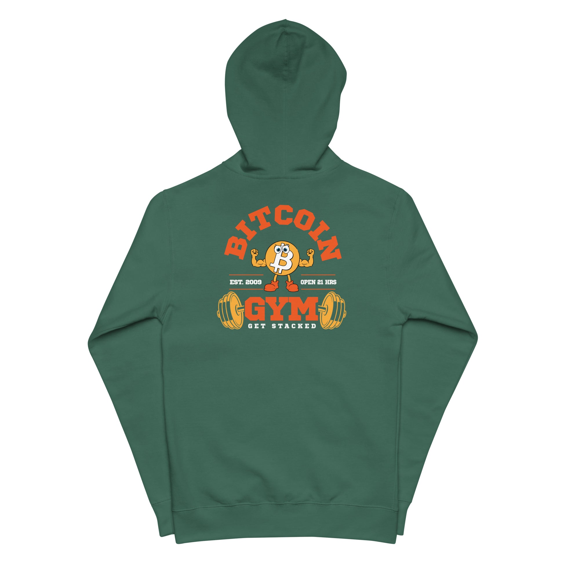 Green hoodie with Bitcoin Gym graphic on a white background