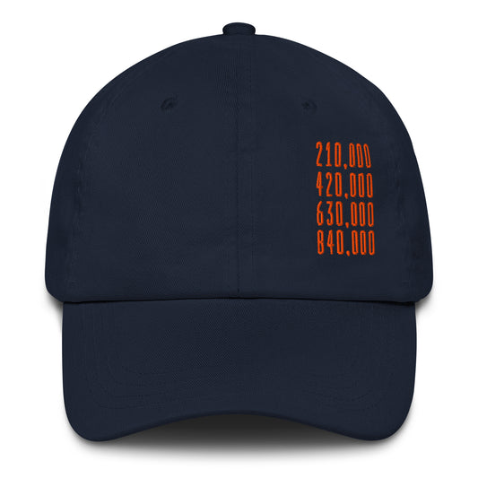 Navy blue cap with orange bitcoin halving block heights text on a white background