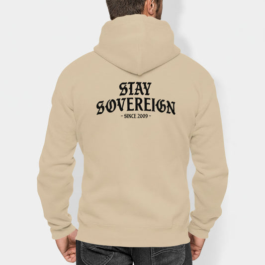 Beige hoodie with 'Stay Sovereign Since 2009' text on the back against a white background