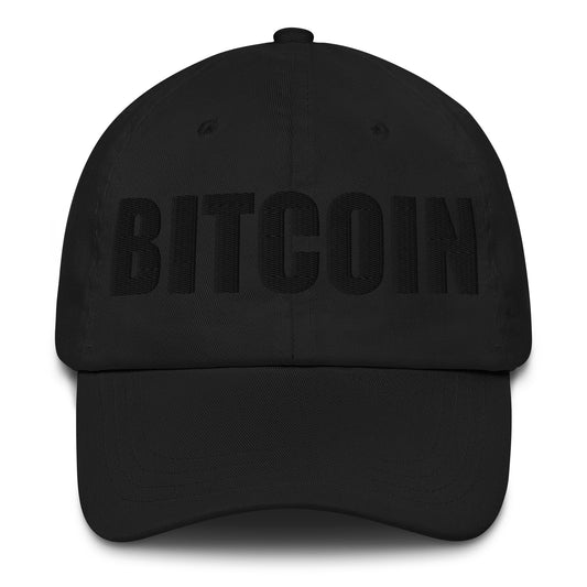 Black cap with 'BITCOIN' text on a white background