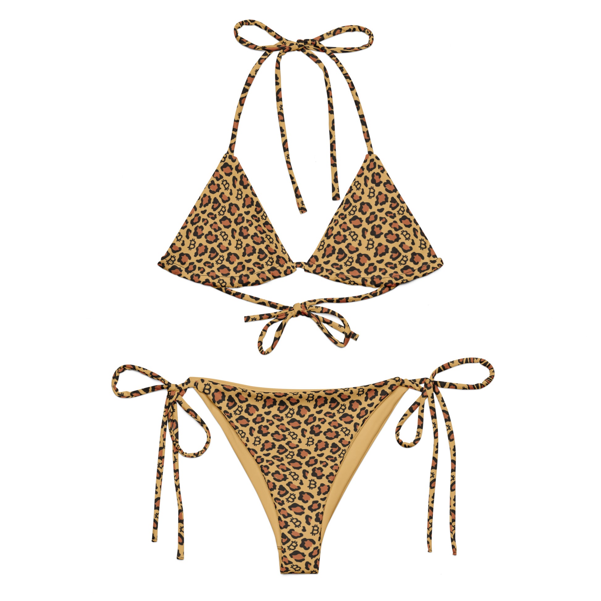Leopard print bitcoin bikini set on a white background