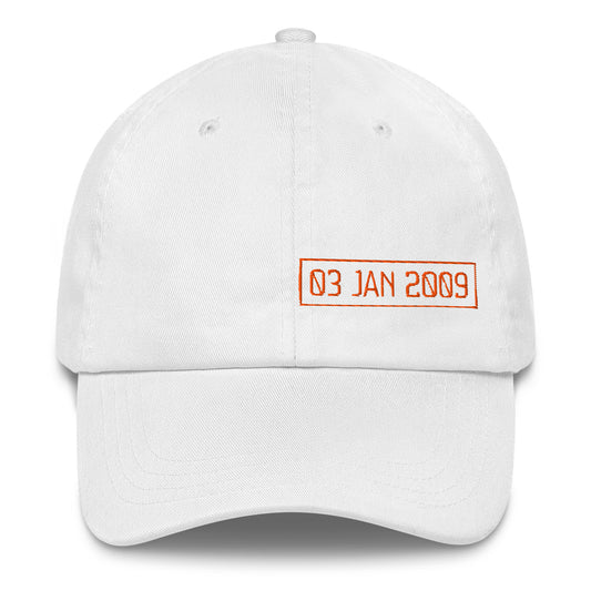 White cap with orange text '03 JAN 2009' on a white background