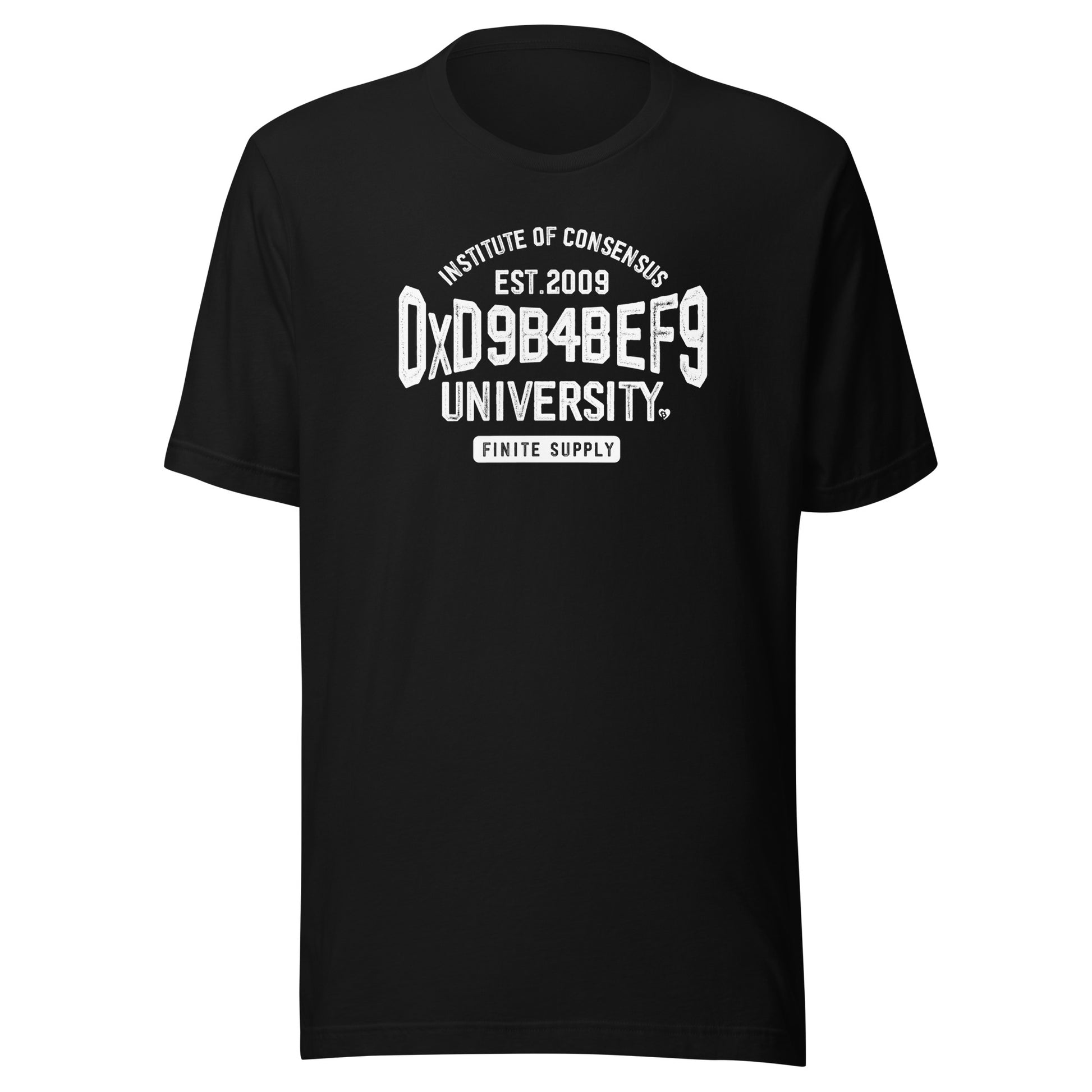 Black t-shirt with white oxd9b4bef9 text on a white background