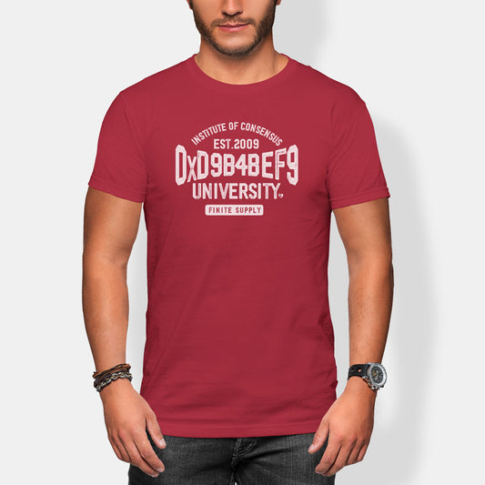 Red t-shirt with white oxd9b4bef9 text worn by a person on a white background