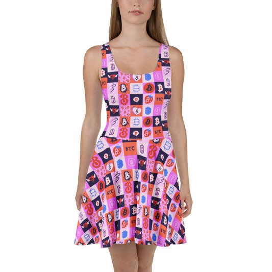 Woman wearing a colorful dress with bitcoin patterned design on a white background