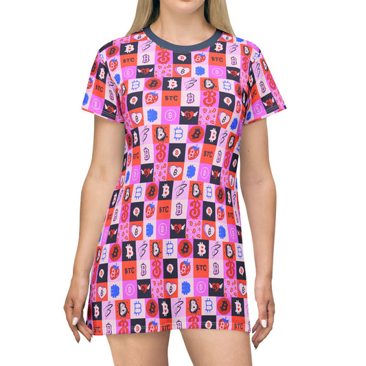 Person wearing a colorful bitcoin patterned dress on a white background
