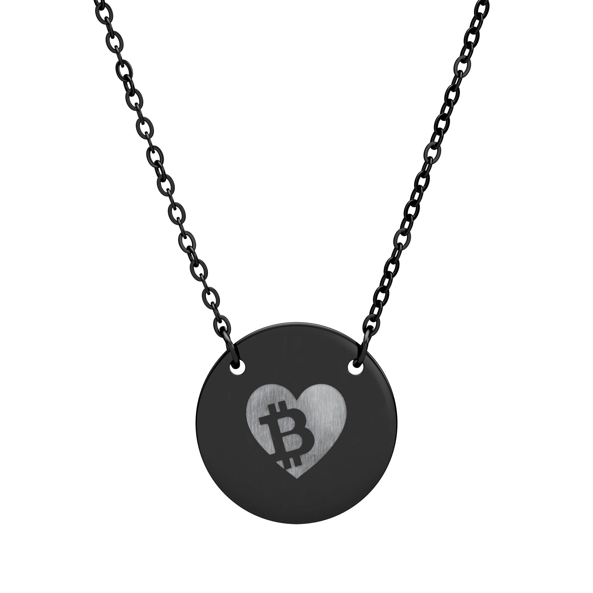 Necklace with a black pendant featuring a heart-shaped Bitcoin symbol on a white background