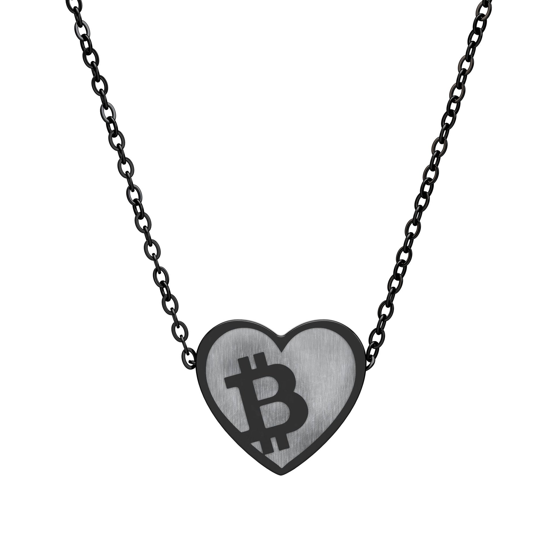 Heart-shaped pendant with Bitcoin symbol on a chain against a white background