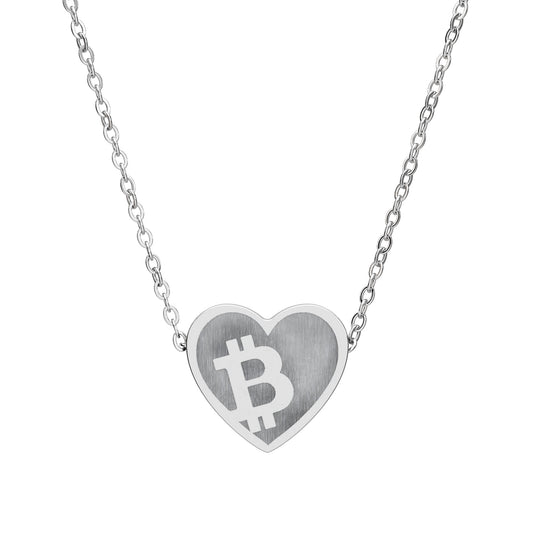 Heart-shaped pendant with Bitcoin symbol on a silver chain against a white background