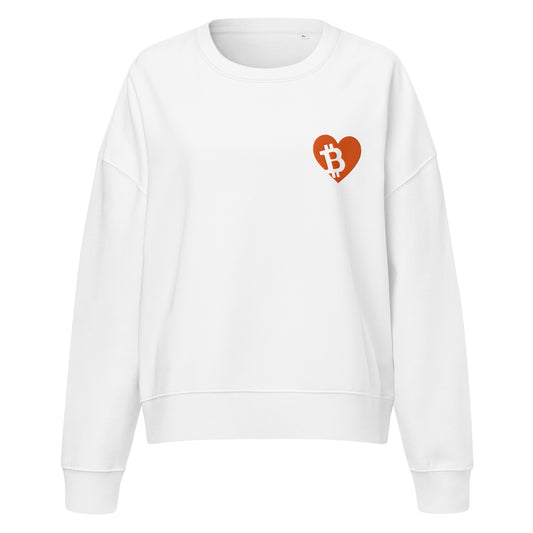White sweatshirt with a red heart-shaped Bitcoin logo on a white background