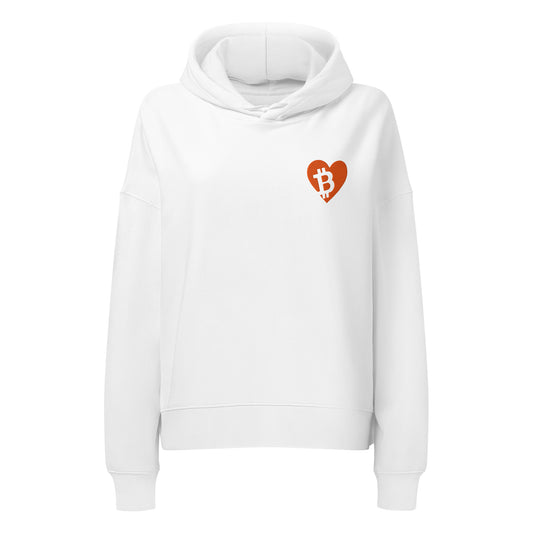 White hoodie with a orange heart-shaped Bitcoin symbol on a white background