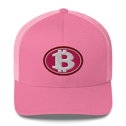 Pink cap with Bitcoin logo on a white background