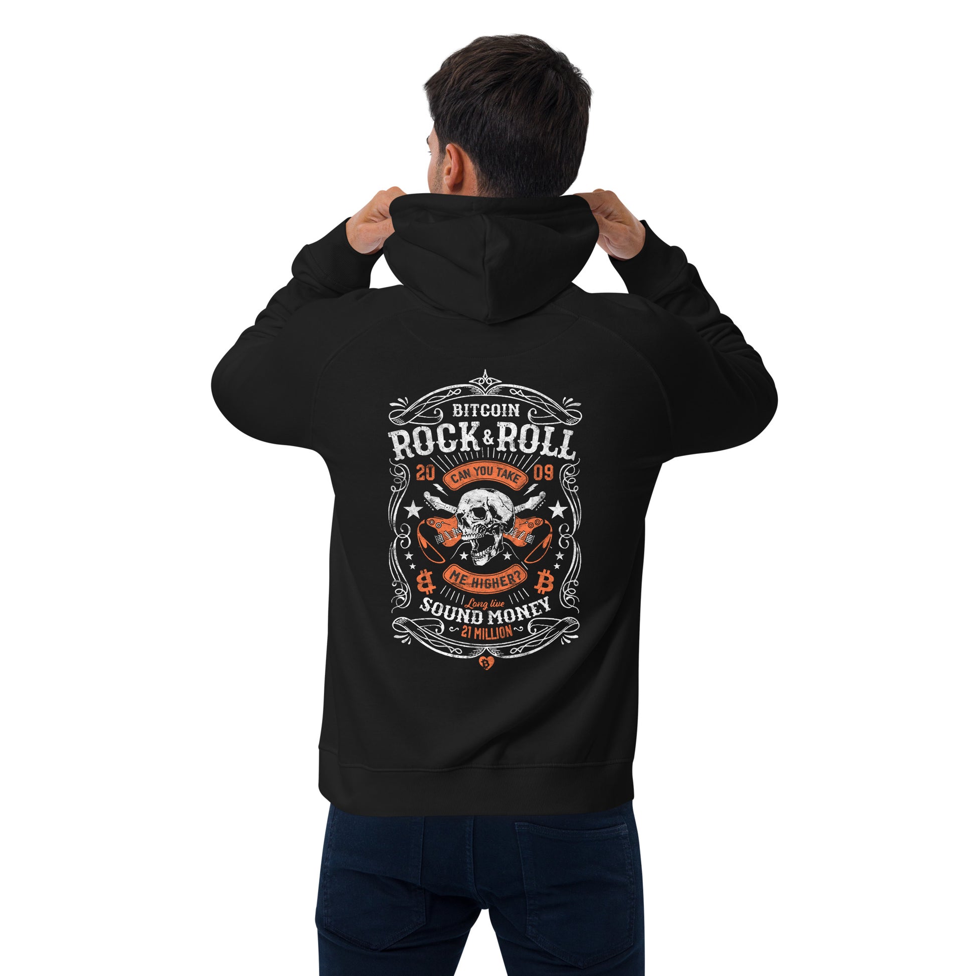 Person wearing a black hoodie with a bitcoin rock n roll graphic design on the back, standing against a white background