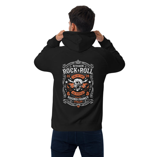 Person wearing a black hoodie with a bitcoin rock n roll graphic design on the back, standing against a white background
