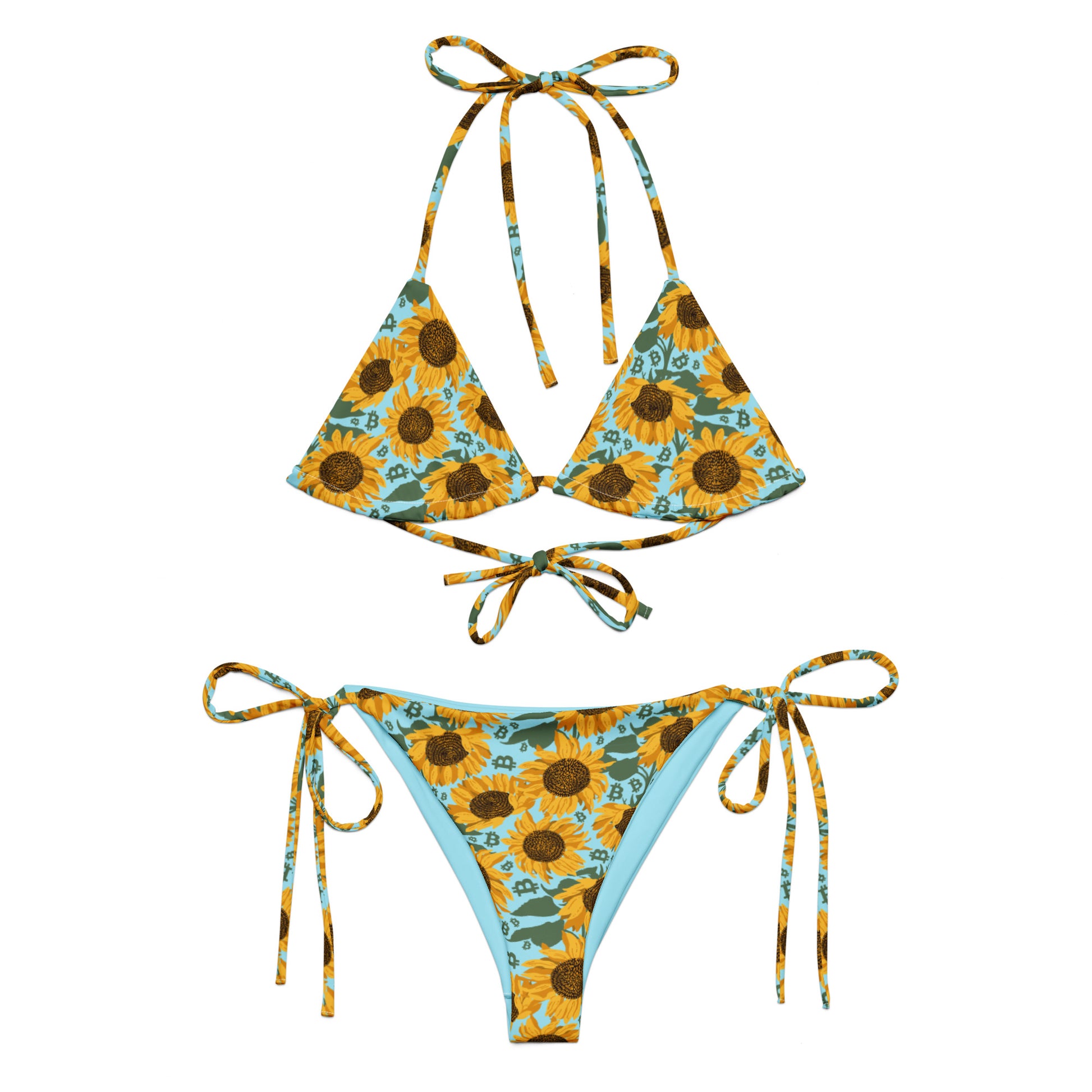 Sunflower-patterned bitcoin bikini set on a white background