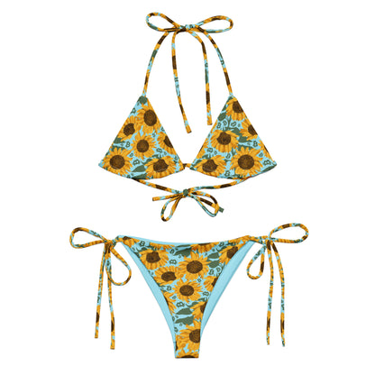 Sunflower-patterned bitcoin bikini set on a white background