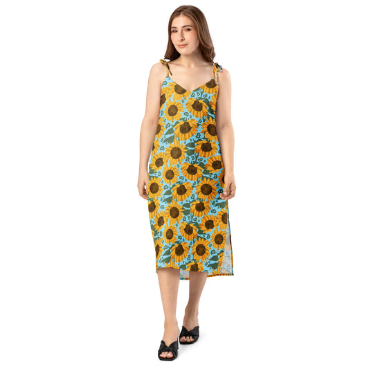 Woman wearing a sunflower bitcoin patterned dress on a white background