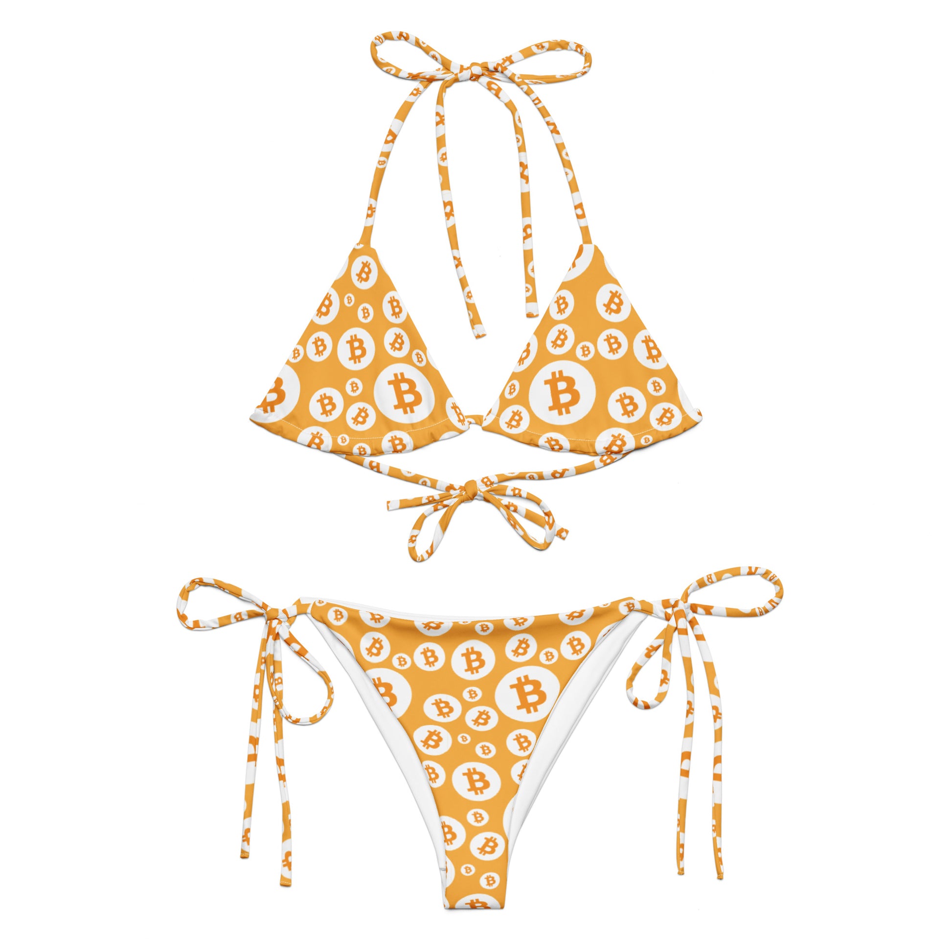 Bikini set with Bitcoin logo pattern on a white background