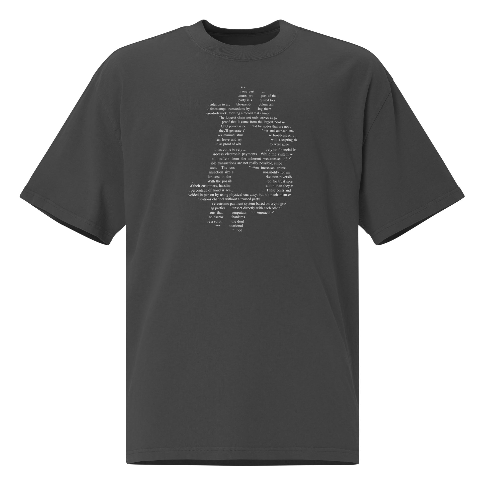 Black t-shirt with a white bitcoin symbol graphic design on a white background