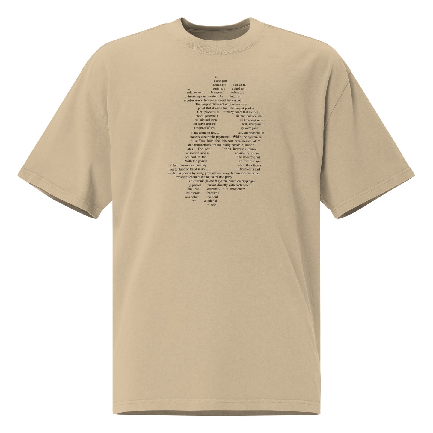Beige t-shirt with bitcoin whitepaper text design on a white background