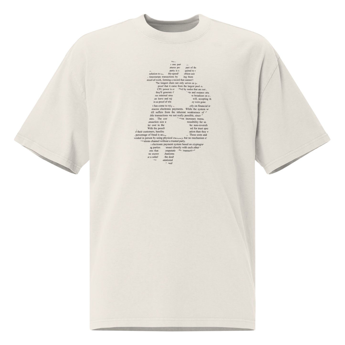 Beige t-shirt with bitcoin whitepaper printed text on a white background