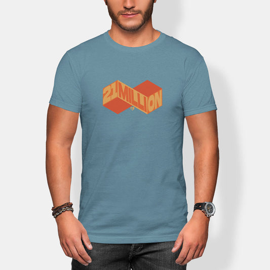 Man wearing a blue t-shirt with a geometric 21 million infinity design on a white background