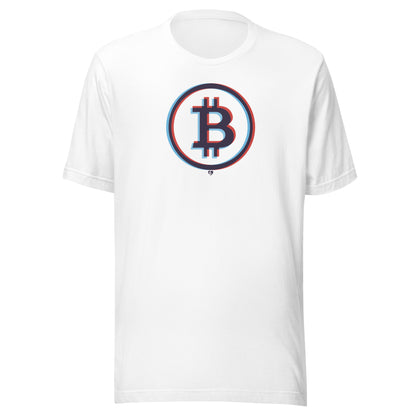 White t-shirt with 3d glasses Bitcoin logo on a white background