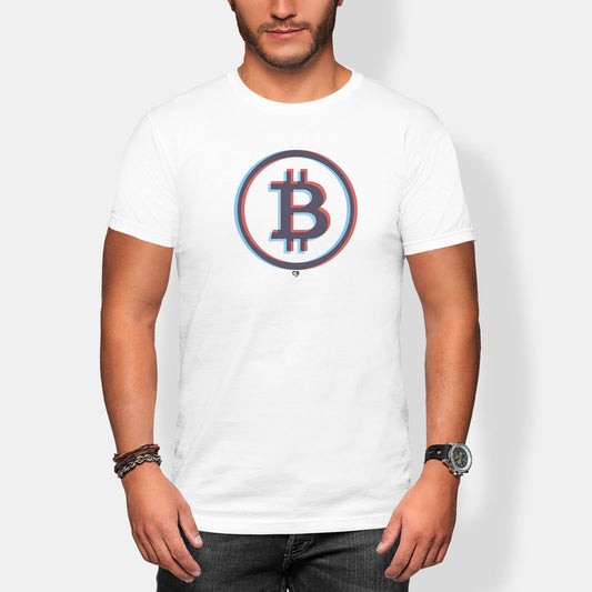 Person wearing a white t-shirt with a 3d glasses Bitcoin logo on a plain background
