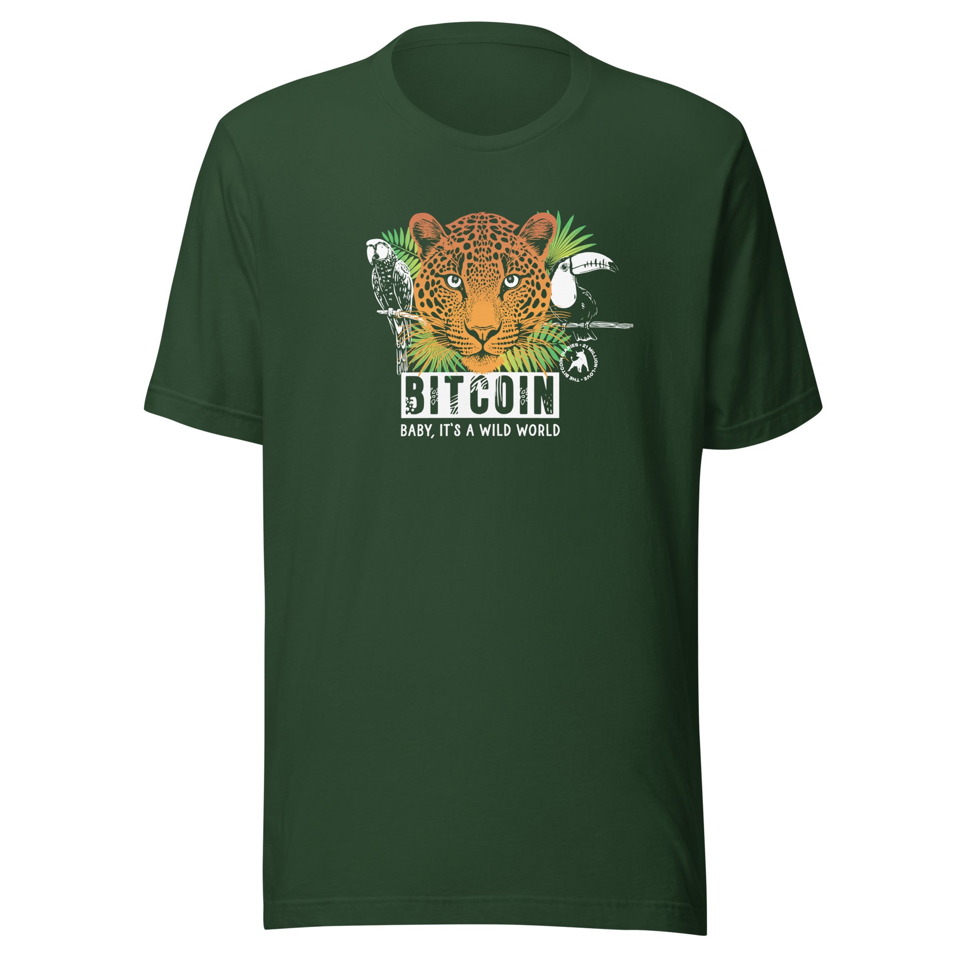 Green t-shirt with a leopard graphic and 'Bitcoin Baby, It's a Wild World' text on a white background