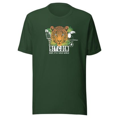 Green t-shirt with a leopard graphic and 'Bitcoin Baby, It's a Wild World' text on a white background
