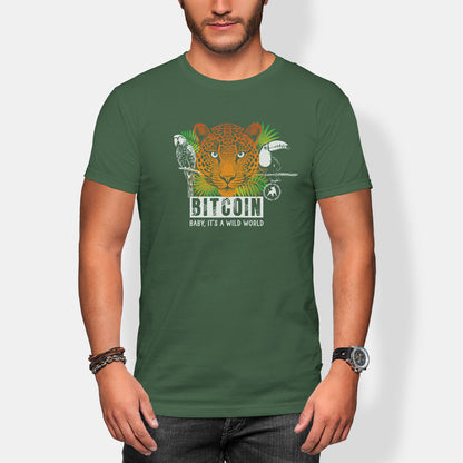 Person wearing a green t-shirt with a graphic design and text 'bitcoin'.