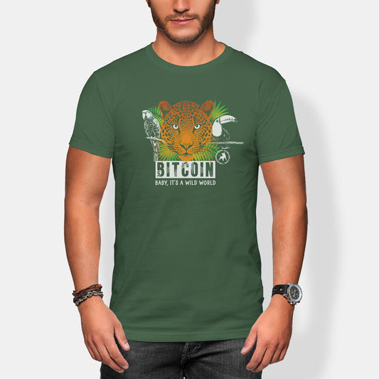 Person wearing a green t-shirt with a graphic design and text 'bitcoin'.