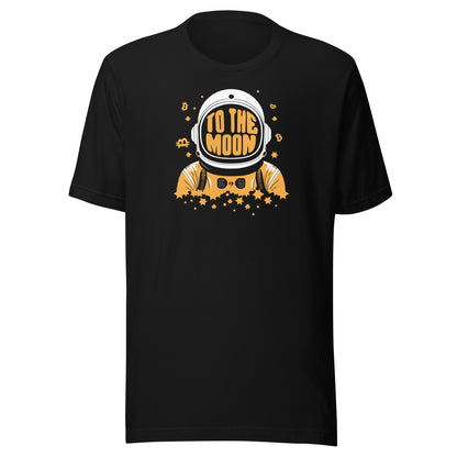 Black t-shirt with an astronaut bitcoin graphic and 'To the Moon' text on a white background
