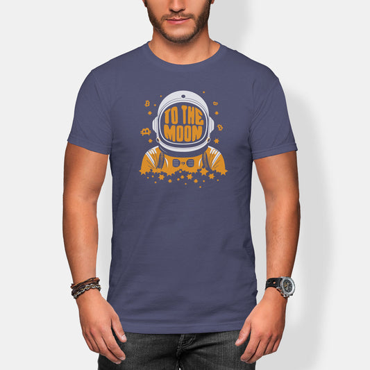 Person wearing a blue t-shirt with an astronaut bitcoin graphic and 'To the Moon' text on a white background