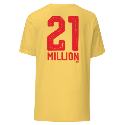 Yellow t-shirt with red text '21 MILLION' on a white background
